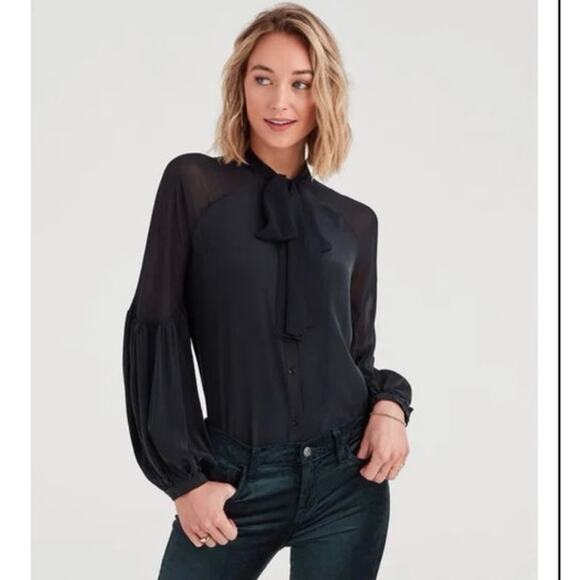 7 For All Mankind Silk Bow Tie Neck Blouson Long Sleeve Blouse NWT Black Medium - Picture 1 of 10
